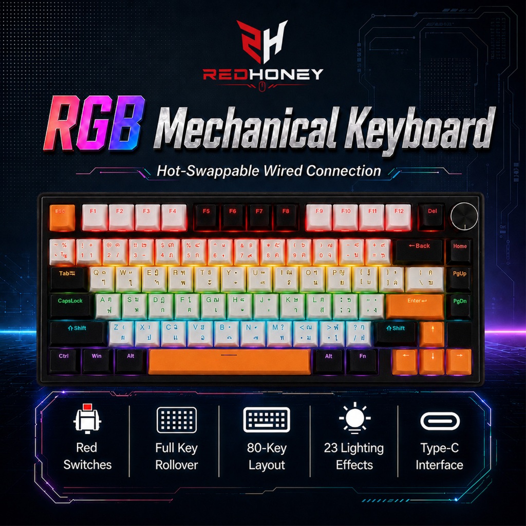 Redhoney คีย์บอร์ดเล่นเกมRGB แมคคานิคอล บลูสวิตซ์ ปุ่มไทย/อังกฤษ 80ปุ่ม Mechanical Keyboard All keys have no conflicts