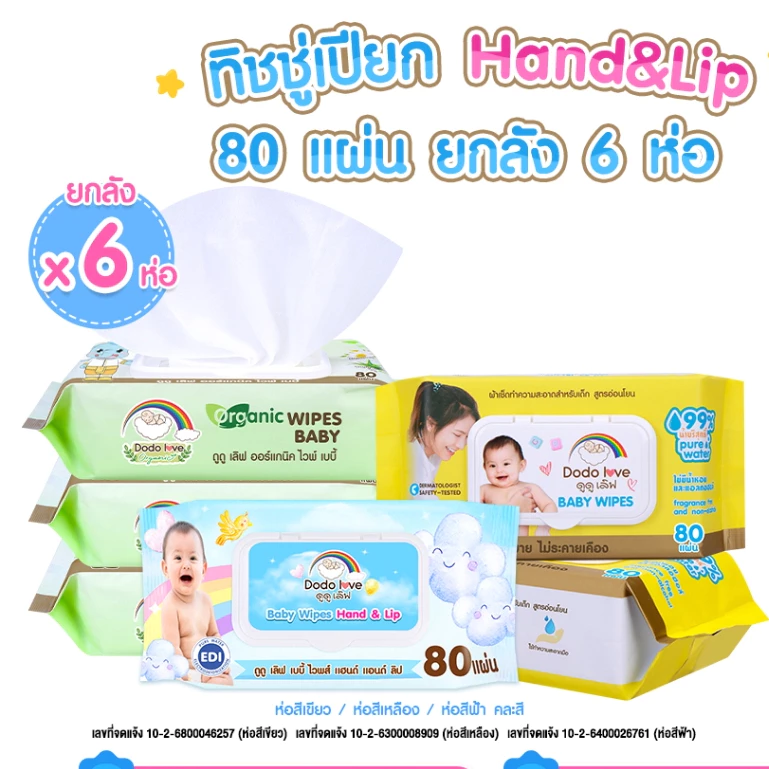 [ยกลัง6] DODOLOVE ทิชชู่เปียก Baby Wipes ผ้าเช็ดทำความสะอาดสำหรับเด็ก ออร์แกนิค ห่อใหญ่ 80 แผ่น