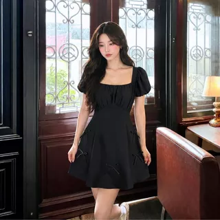 【S-5XL】 มินิเดรส เดรสสั้น สีพาสเทล แขนพองตุ๊กตา แต่งโบว์สไตล์เกาหลี น่ารัก เดรสพลัสไซซ์ เดรสออกงาน