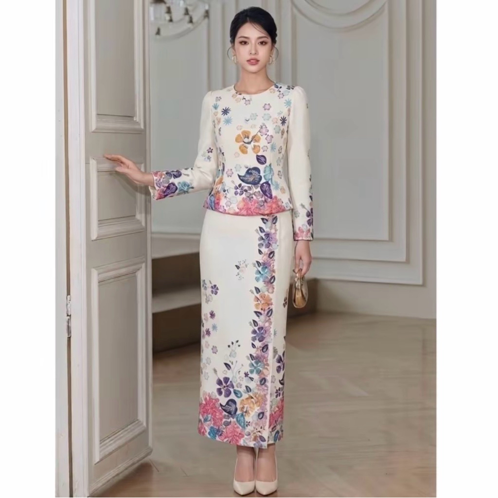 (เสื้อ 20“ กระโปรง 38” ปกติ) ชุดไทย ชุดไทยประยุกต์ บาติก เสื้อแขนยาว+กระโปรงยาว ลายไทย งานป้าย chalita