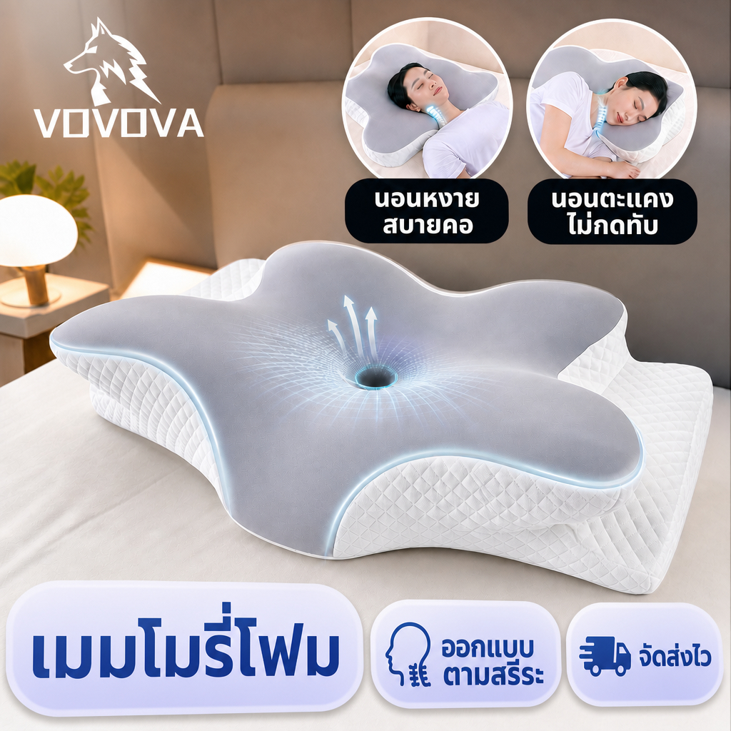 VOVOVA หมอนเพื่อสุขภาพ หมอนเมมโมรี่โฟม ทรงผีเสื้อ Ergonomic แก้ปวดคอบ่าไหล่ ช่วยให้หลับลึก นอนสบาย พร้อมส่ง