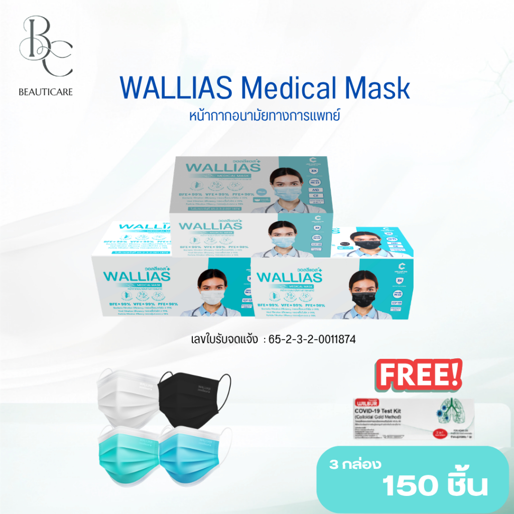 BEAUTICARE [เชต 3 กล่อง]  หน้ากากอนามัย ยี่ห้อ Wallias  เกรดการแพทย์ หนา 3 ชั้น แมส ป้องกัน ฝุ่น PM2.5 ไวรัส แบคทีเรีย