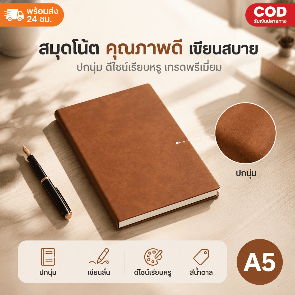 สมุดบันทึกหนังพรีเมียม A5 สมุดโน้ตปกแข็ง เรียบหรูสไตล์ธุรกิจ กระดาษถนอมสายตา เขียนลื่นไม่ซึม เหมาะสำหรับเป็นของขวัญ