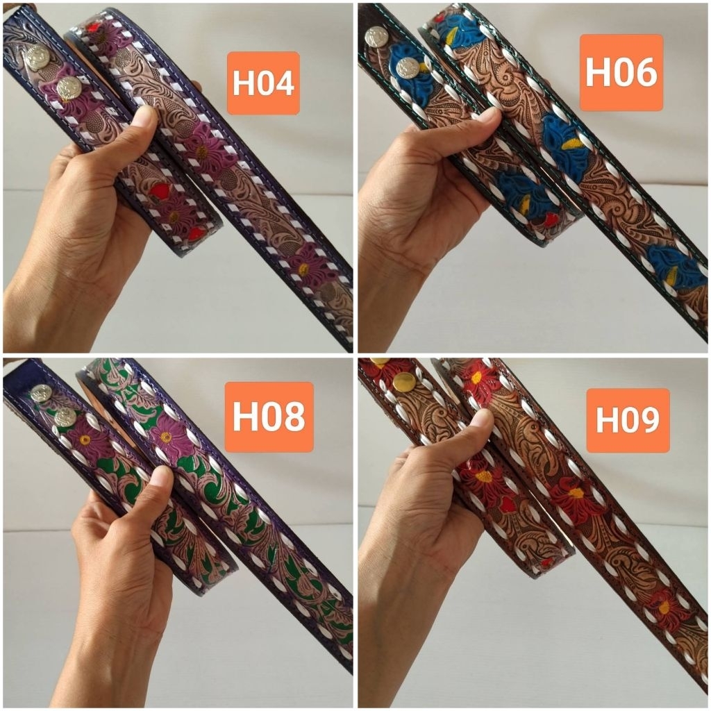 (พร้อมส่งตรงปก)สายเข็มขัดหนังแท้ 100% ลายดอกไม้ ลายไทย มีดามหลัง เจาะรูตาไก่
