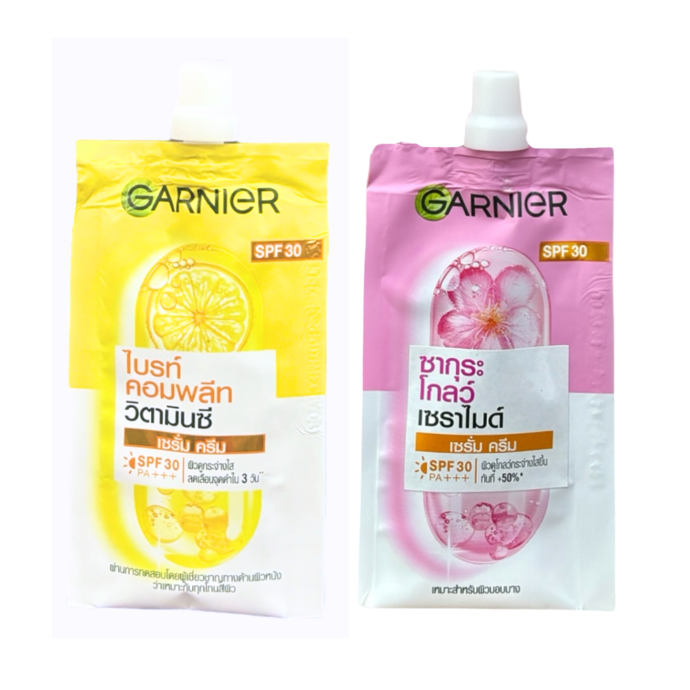 (1 ซอง) การ์นิเย่ ไวท์ คอมพลีท เดย์ ครีม กลางวัน / ซากุระ ไวท์ Garnier Sakura White / Light Complete Day Cream 7ml.