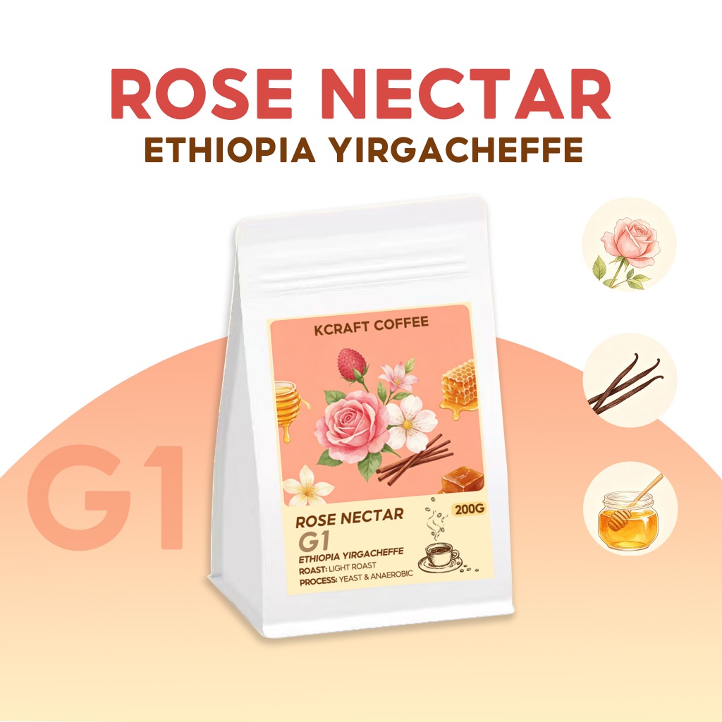 [คั่วใหม่] เมล็ดกาแฟ Ethiopia Yirgacheffe G1 - Rose Nectar (Specialty Coffee) คั่วอ่อน 200g by Kcraft Coffee