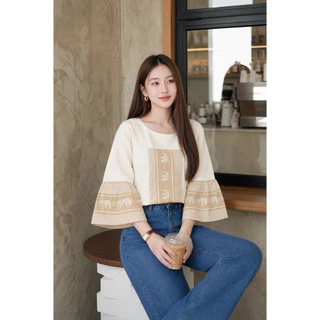 เสื้อแขนกระดิ่ง ระบายแขน -ร่นลายช้าง