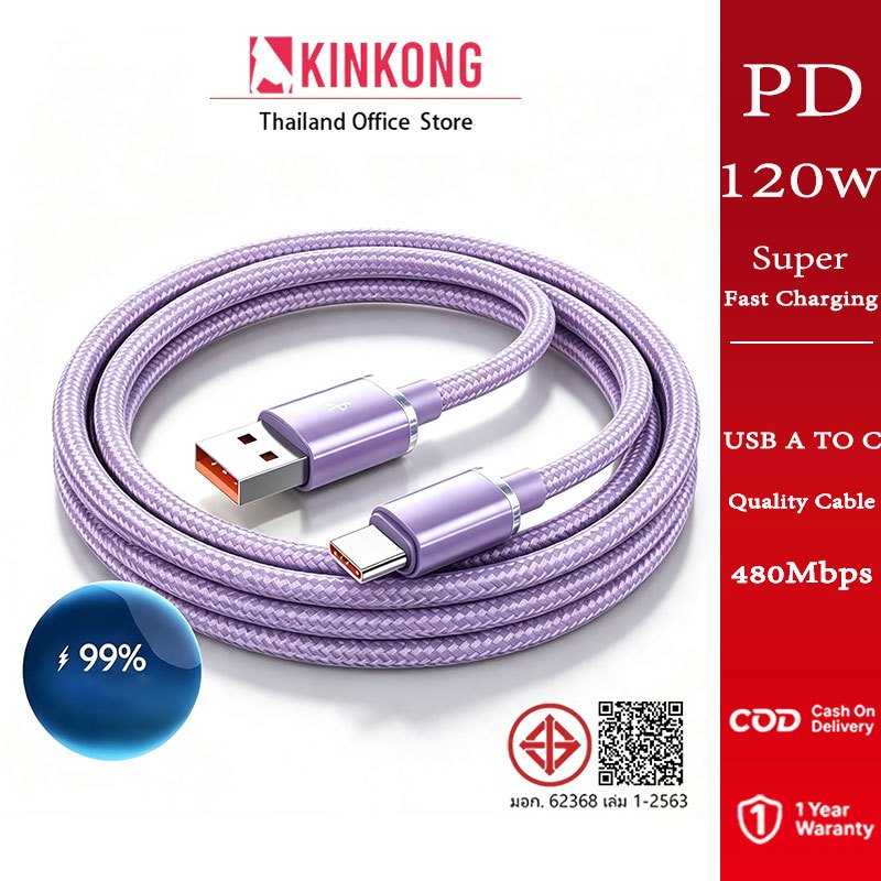 KINKONG 120W สายชาร์จ USB-C to USB-C 6A รองรับ PD ชาร์จเร็ว สายถักทนทาน เหมาะสำหรับ USB Type-C 1ม