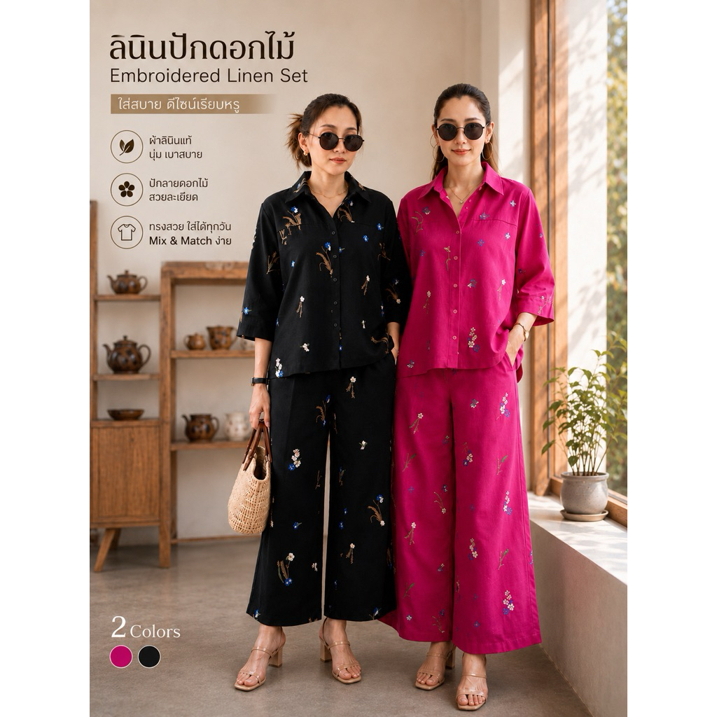 ชุดเซ็ทผ้าลินินคอตตอนเนื้อนิ่มปักทั้งตัว