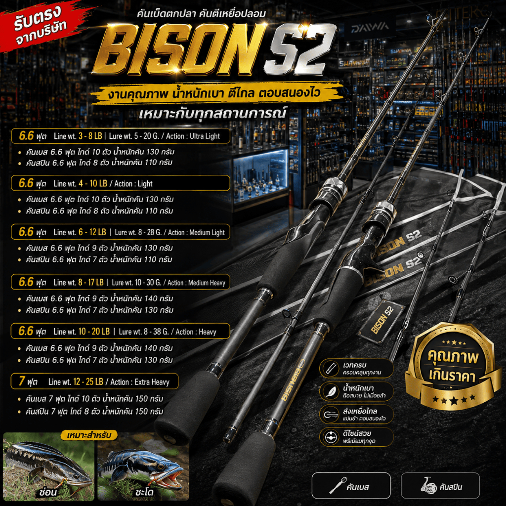 [ รับตรงจากบริษัท ] คันตีเหยื่อปลอม Bison S2 คันเบ็ด 6.6-7 ฟุต คันสปิน คันเบส UL-L-ML-MH-H-XH Line 3-25LB ตกช่อน กระสูบ