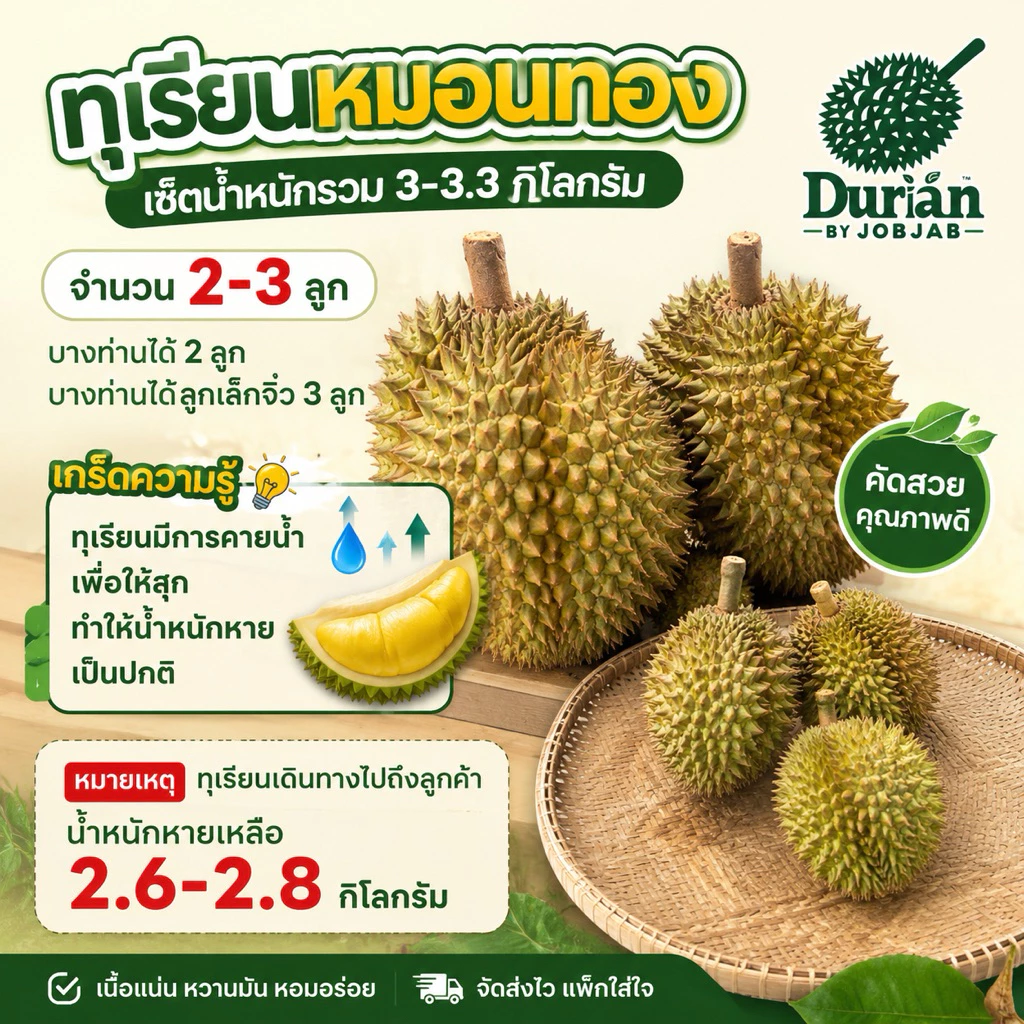 ทุเรียนหมอนทองเซ็ตน้ำหนักระหว่าง 3-3.3 กิโลกรัม จำนวน 2-3 ลูก