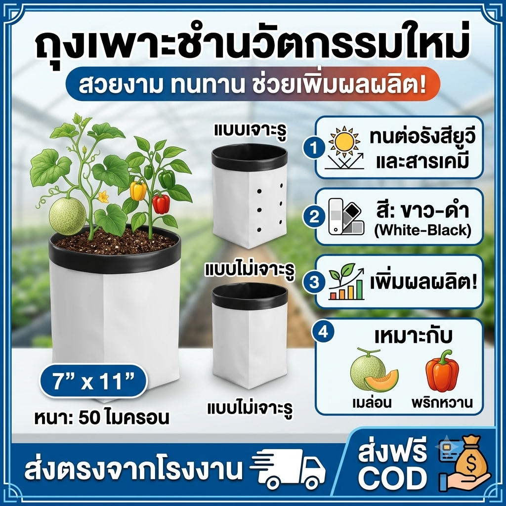 ราคาส่ง ถุงเพาะชำ VSC แบรนด์แท้ ขนาด 7"x11" หนา 50 ไมครอน เจาะ 7 รู สีขาว-ดำ ถุงเพาะต้นกล้า ถุงเพาะต้นไม้ เนื้อเหนียวทน