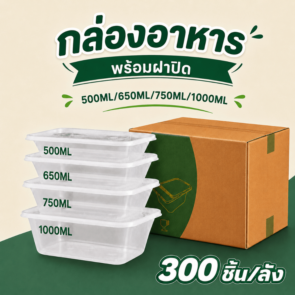 กล่องพลาสติกใส่อาหาร กล่องใส่อาหารพลาสติก กล่องอาหาร สีใส/สีดำ(300ชิ้น) 500/650/750/1000ML