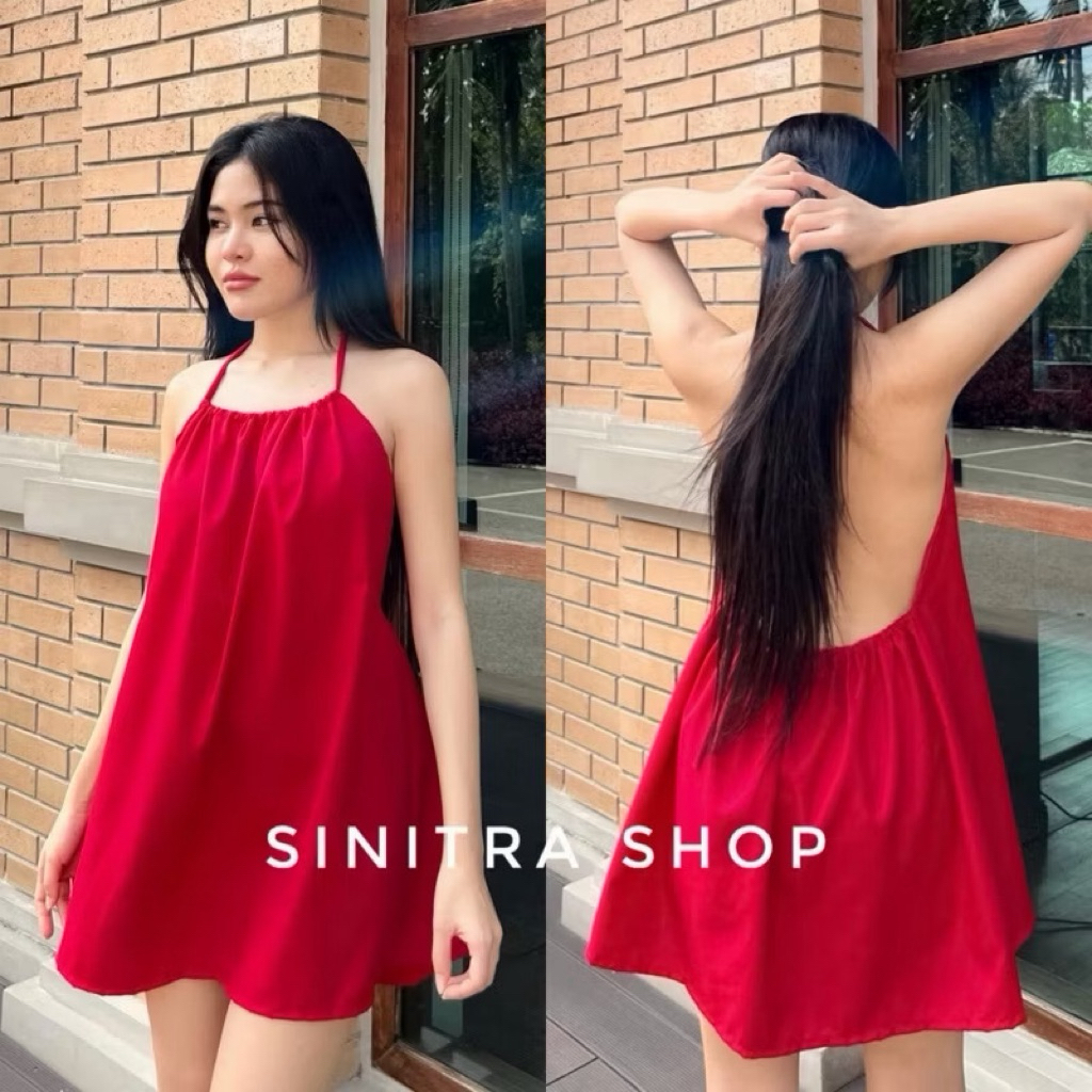 เดรสคล้องคอสีแดง เปิดหลัง แบรนด์Sinitra มือสอง