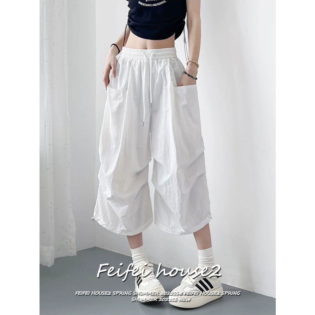 [Feifei-Summer Quick-Dry Fabric Capri Pants]กางเกงคาปรีหลวมรูดเชือกสีพื้นสไตล์ลำลองผ้าอบแห้งเร็วฤดูร้อน