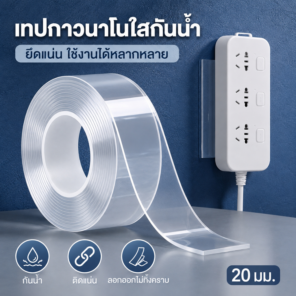 เทปนาโนใส เทปกาวสองหน้า อเนกประสงค์ เหนียวแน่น ติดผนัง ล้างใช้ซ้ำได้ ไม่ทิ้งคราบ