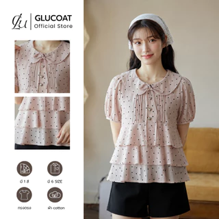 Glucoat | [A930] เสื้อแขนสั้นคอบัวลายจุดสีชมพู พร้อมเชือกผูกโบว์ ชายเสื้อแต่งระบาย ซิปหลังยาว