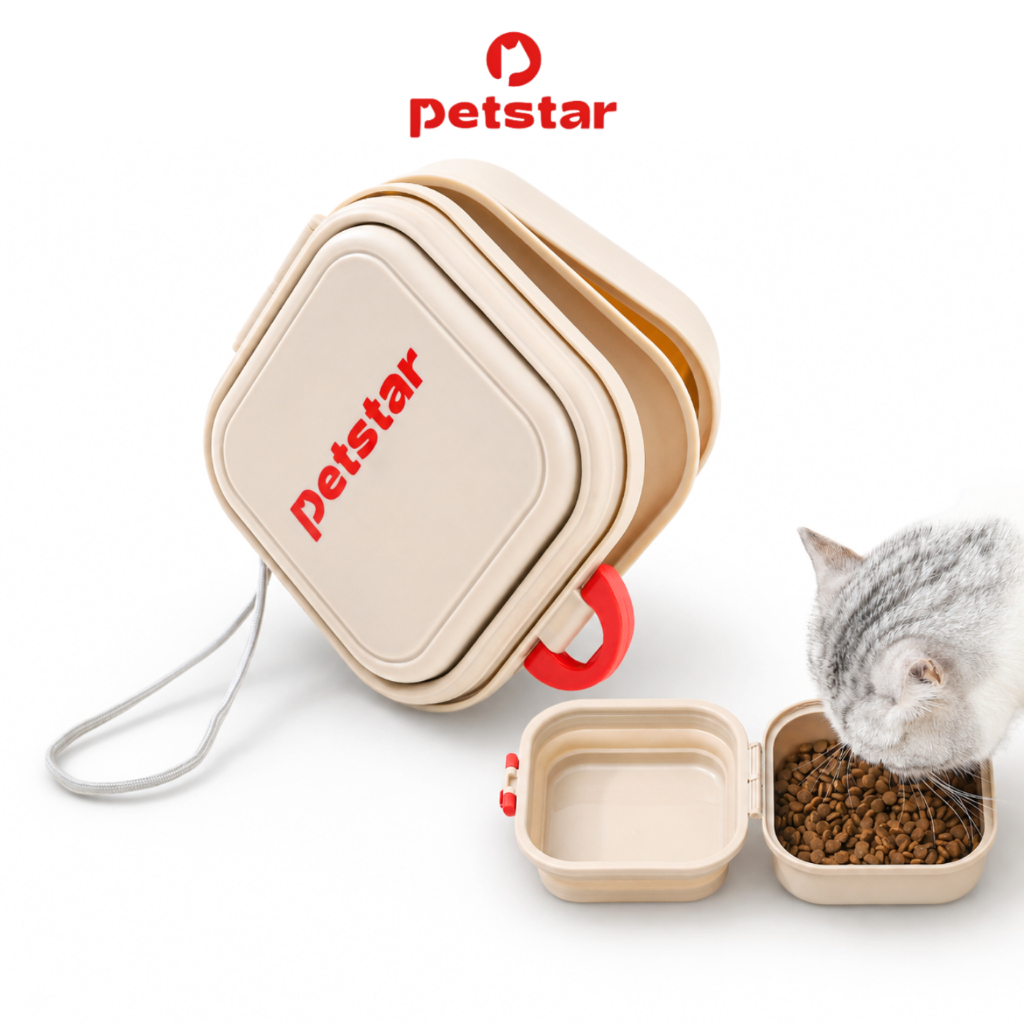 Petstar ชามอาหารสัตว์เลี้ยง pet bowl ชามอาหารแมวและสุนัข พับได้ 2 ช่อง ใส่อาหารและน้ำ พกพาสะดวก พร้อมตัวล็อกและสายคล้อง