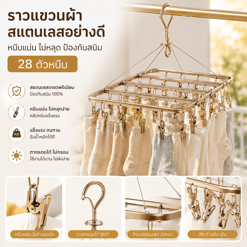 🔥ส่งฟรี🔥ราวแขวนผ้าสแตนเลสอย่างดี แบบตัวหนีบ ป้องกันสนิม หนีบแน่น ไม่หลุด แข็งแรง ทนทาน ตากแดดได้ไม่พังเร็ว