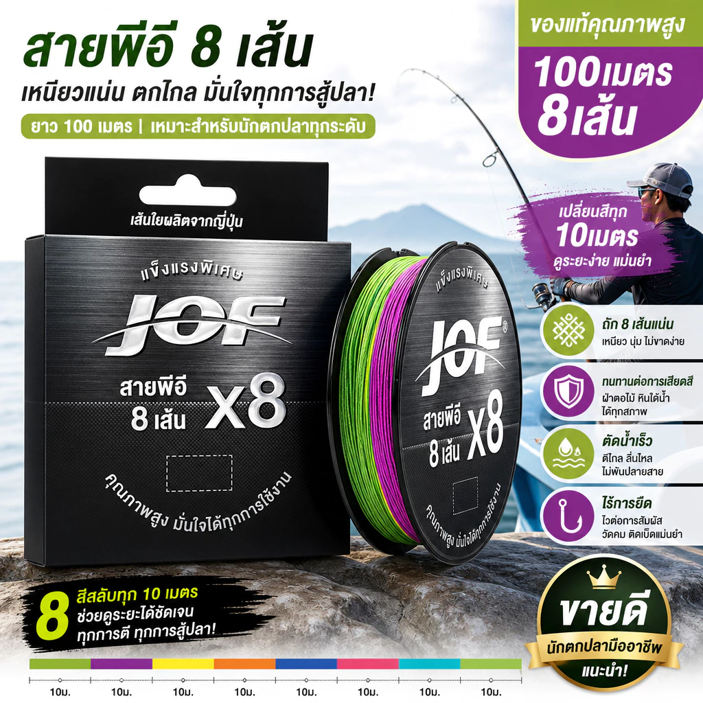 JOF X8 100M สายPEถัก8 ยาว100 หลากสี(ทุก10เมตร1สี) -Fishing line แบรนด์คุณภาพ