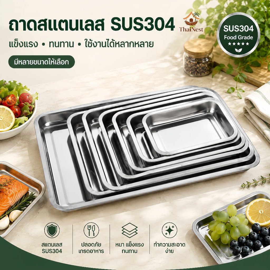 ถาดสแตนเลส ถาดใส่อาหาร ถาดเหลี่ยมก้นลึก เนื้อหนา0.8mm สแตนเลส304 ไม่เป็นสนิม เข้าเตาอบได้ มีหลายขนาด