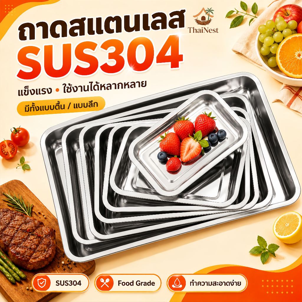 ถาดเหลี่ยมสแตนเลสก้นลึกมาก ใบใหญ่ เนื้อหนา ไม่เป็นสนิม  ถาด ถาดสแตนเลส ถาดสี่เหลี่ยม สแตนเลส304ถาดใส่อาหาร