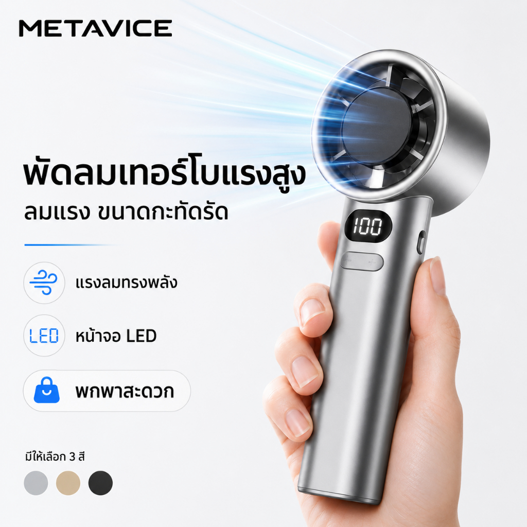 Metavice พัดลมมือถือเทอร์โบ ลมแรงสุดๆ ความเร็วสูง ขนาดกะทัดรัด แบตเตอรี่ขนาดใหญ่ มีหน้าจอ LED แสดงผล ME105