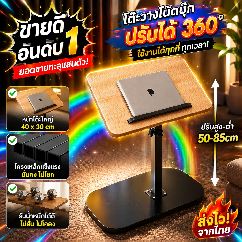 โต๊ะข้างเตียง ปรับระดับได้ หมุนได้ 360° โครงเหล็ก ใช้วางโน้ตบุ๊ก สำหรับห้องนอนและห้องนั่งเล่น