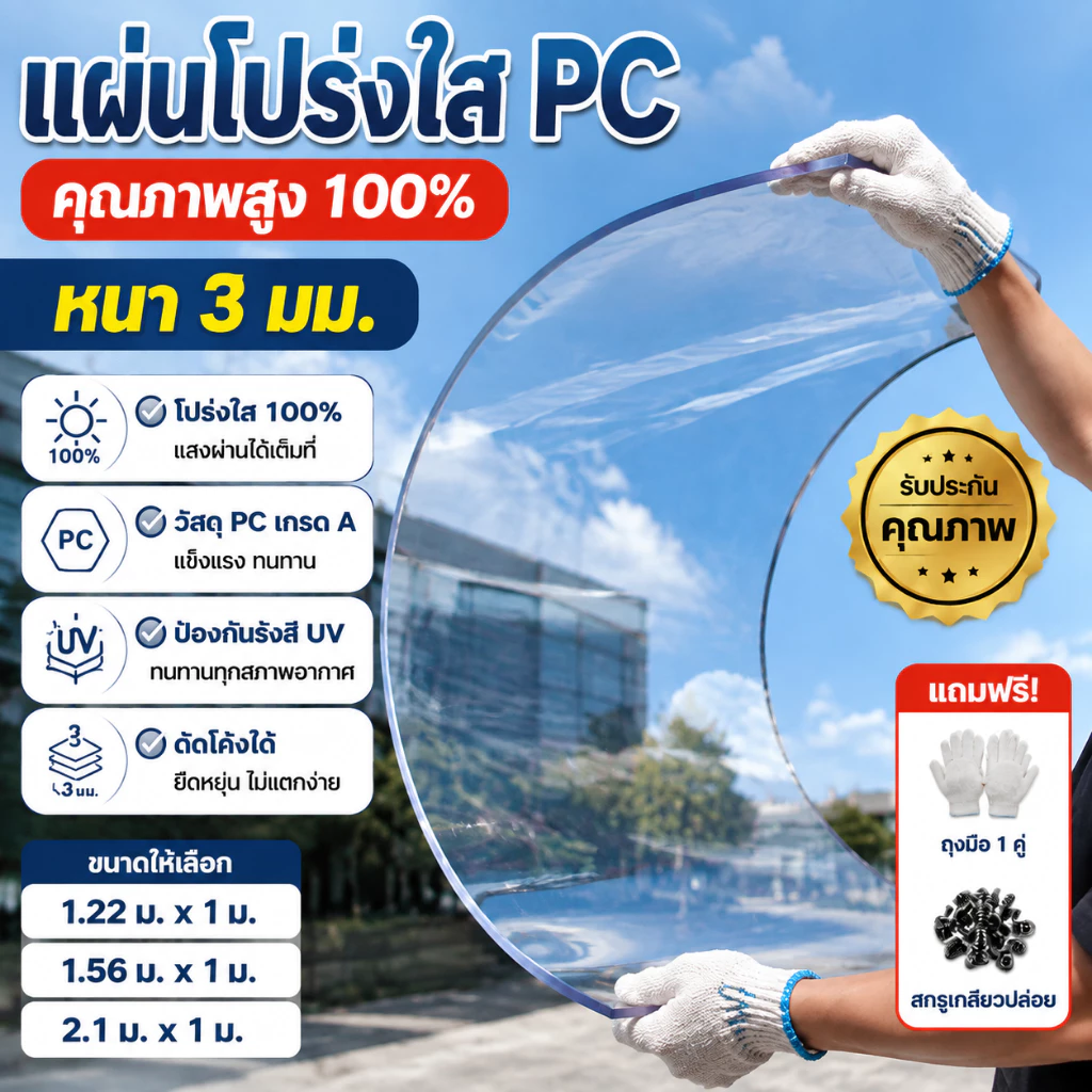 PC แผ่นอะคริลิคใส ความยาวปรับแต่งได้ แผ่นอคีลิค กันน้ำ แผ่นพลาสติกใส อคริลิคหนา พลาสติกใส แผ่นหลังคาใส หลังคาโปร่งแสง