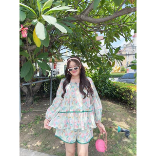 NITAAN 🌊(50)BE BEACH SET เซตเสื้อโอเวอร์ไซด์แต่งโบว์หลัง ผ้าคอตตอน 100% คู่กางเกง สามส่วน สวยมากค่า