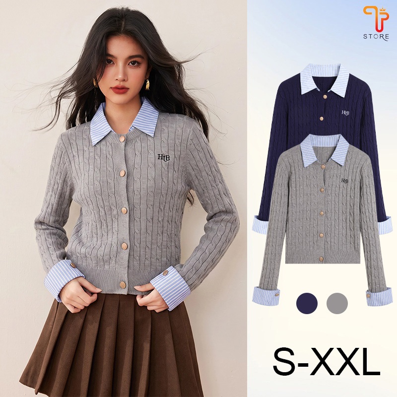 เสื้อคาร์ดิแกนไหมพรมผู้หญิง คอปกเชิ้ตต่อเลเยอร์ Korean Style สไตล์นักศึกษาเกาหลี Fashion ดีไซน์สองชั้น ทรงสั้นเข้ารูป