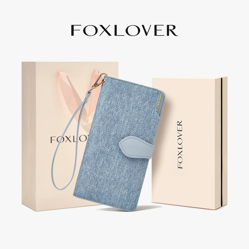 FOXLOVER กระเป๋าสตางค์ผู้หญิง แบบยาว ผ้าเดนิม ช่องใส่การ์ด 10ช่อง กันน้ำ ฟรีกล่องของขวัญ