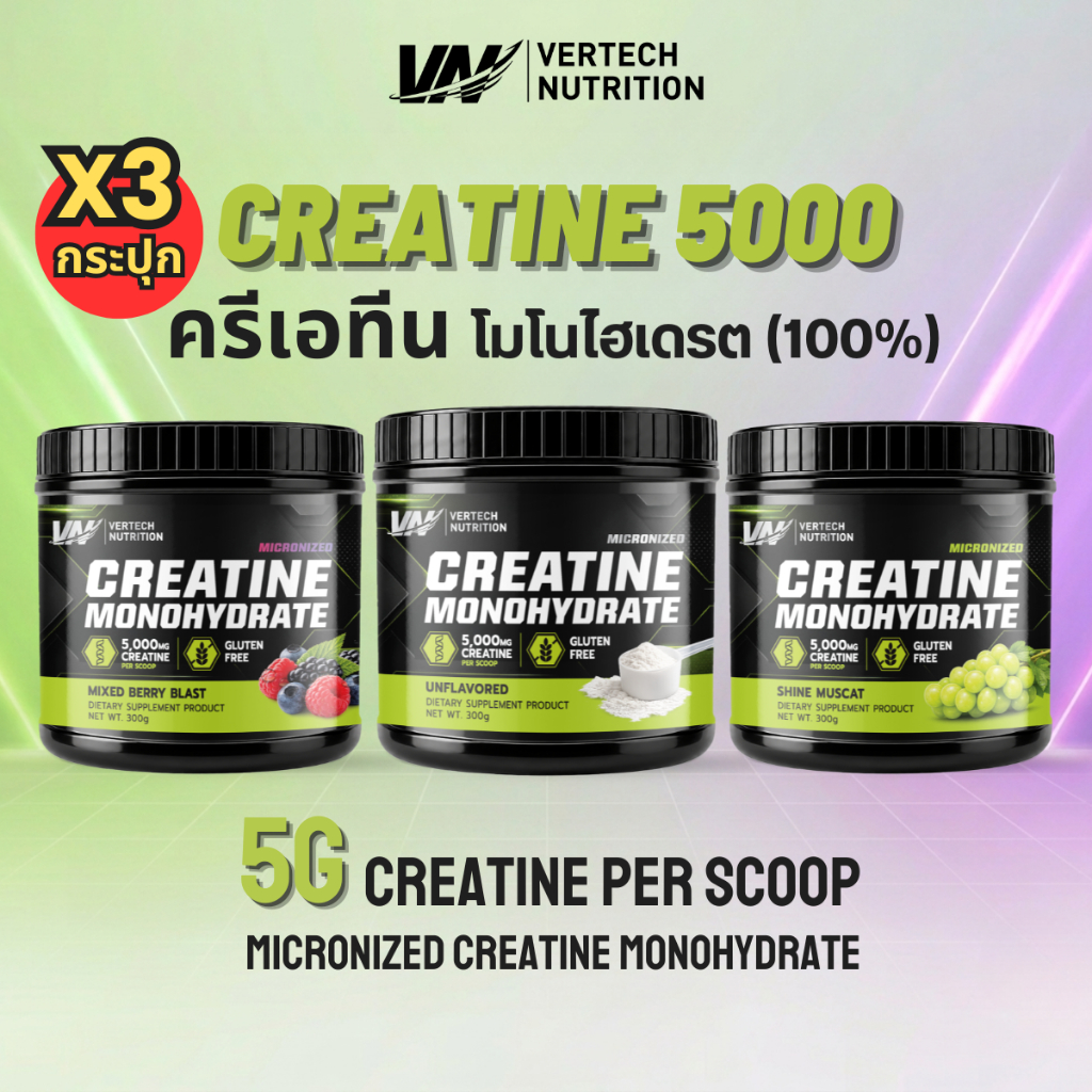 (3 กระปุก) VERTECH NUTRITION Creatine Monohydrate ครีเอทีน ดูดซึมไวไมโครไนซ์ 300g