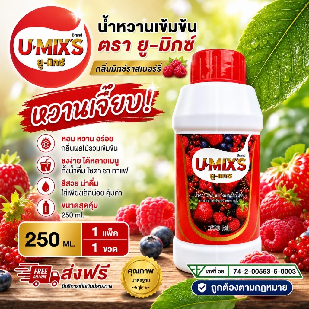 แพ็ค 1 ขวด 250 ML !! U-MIX'S น้ำหวานกลิ่นผลไม้รวมเข้มข้น (ยู-มิกซ์) ปริมาณ 250 ML แถม ปากกา1 ด้าม