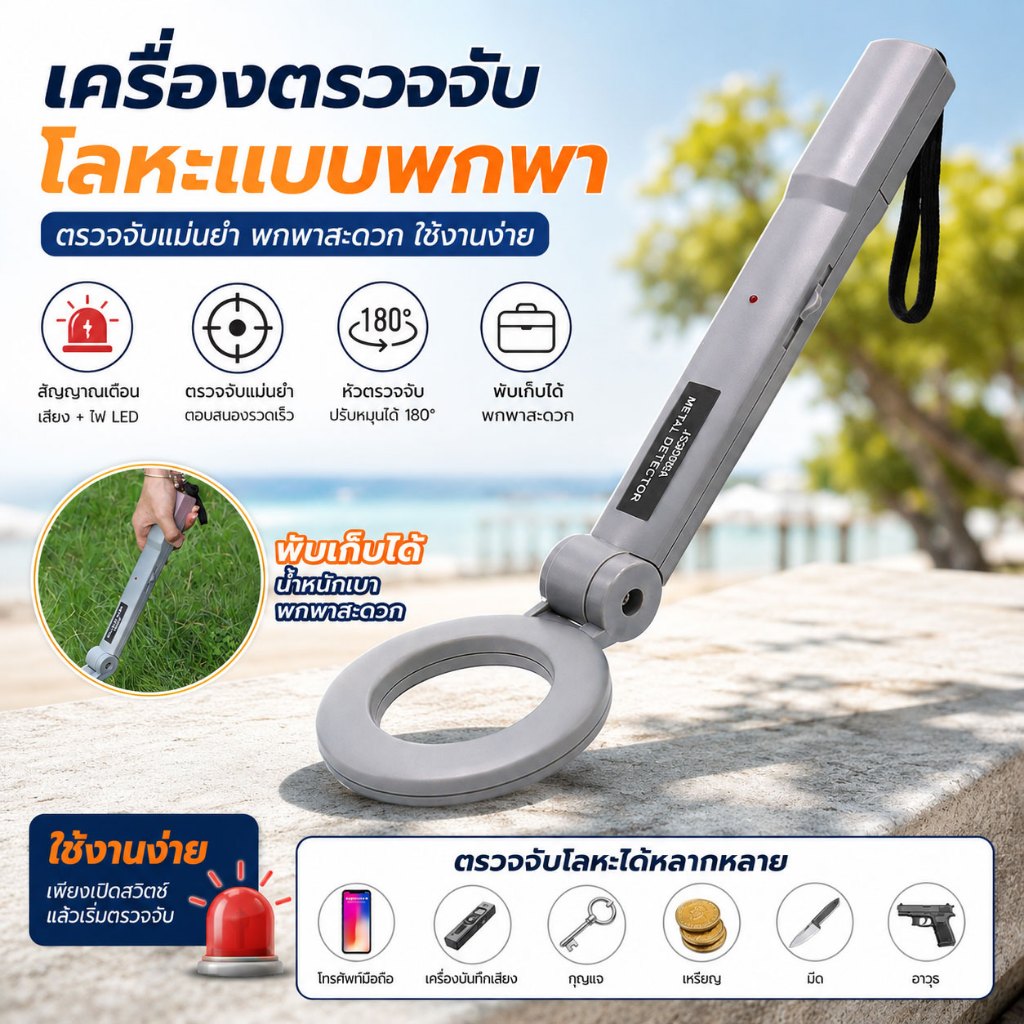เครื่องตรวจจับโลหะแบบพกพาพับได้ 180° ไฟ LED+สัญญาณเตือน ใช้ง่าย 9V สำหรับล่าสมบัติ รปภ. ตรวจสอบความปลอดภัย