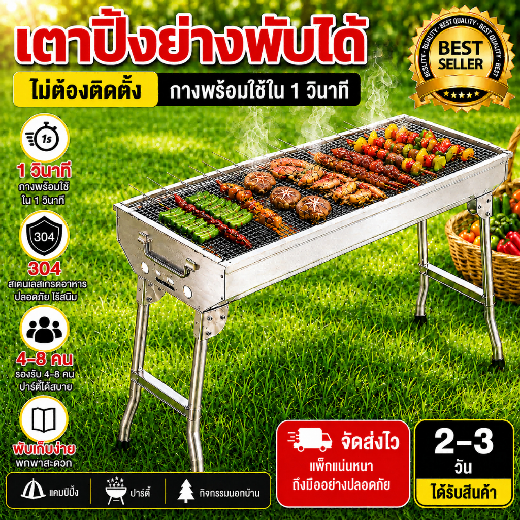 BBQ เตาปิ้งย่าง สแตนเลส 304 เตาถ่านพกพา สำหรับ 10-15 คน เหมาะสำหรับแคมป์ปิ้ง ปิกนิก ปาร์ตี้กลางแจ้ง เตาปิ้งย่างพับได้