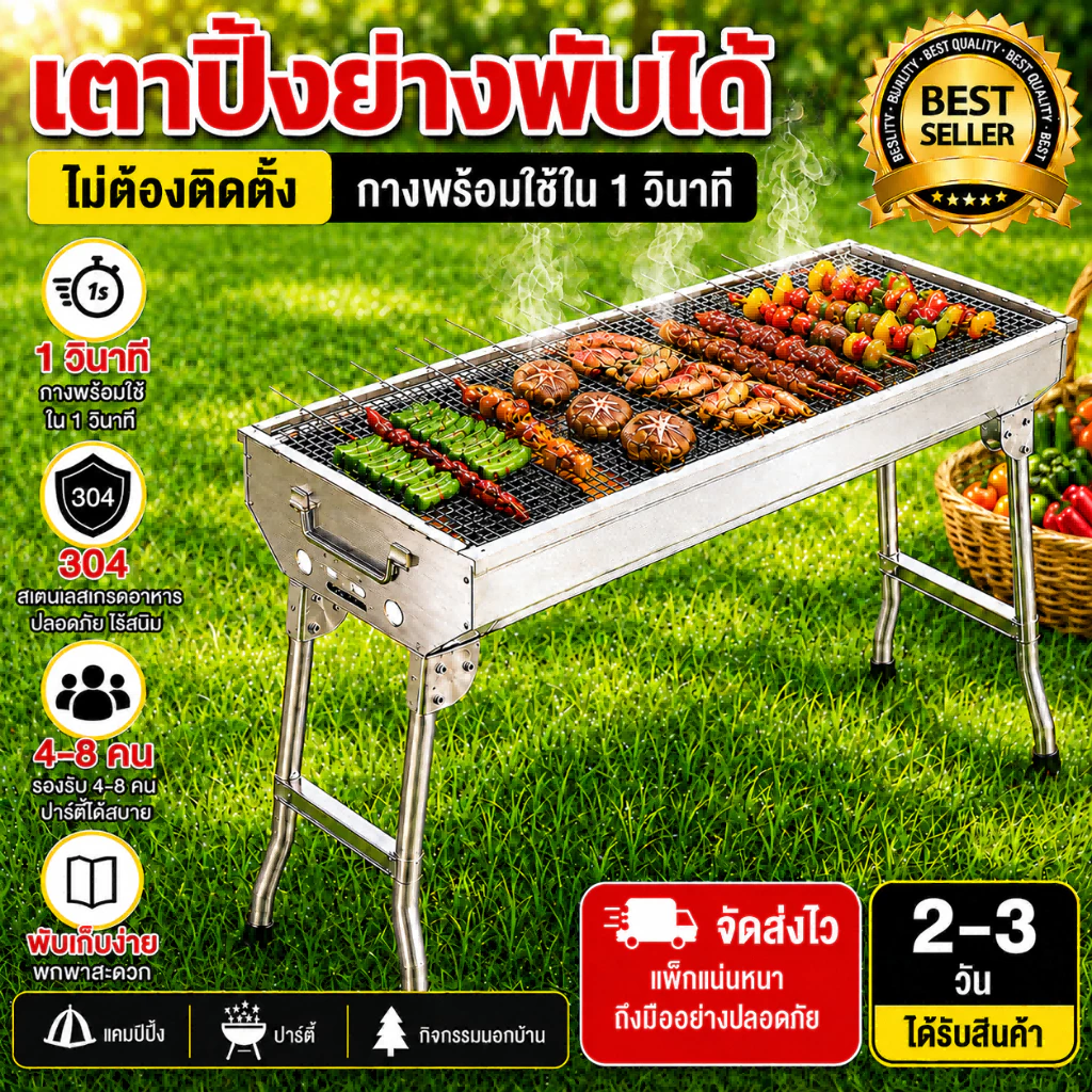 BBQ เตาปิ้งย่าง สแตนเลส 304 เตาถ่านพกพา สำหรับ 10-15 คน เหมาะสำหรับแคมป์ปิ้ง ปิกนิก ปาร์ตี้กลางแจ้ง เตาปิ้งย่างพับได้