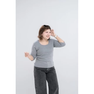 เสื้อยืดสาวอวบ อ้วน ผ้าร่องแขนสามส่วน #H251