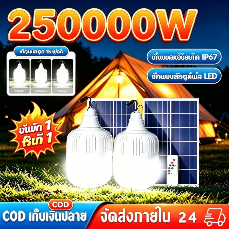 【ซื้อ1แถม1】ไฟโซล่าเซลล์ หลอดไฟโซล่าเซลล์ 250000Wแท้ ไฟตั้งแค