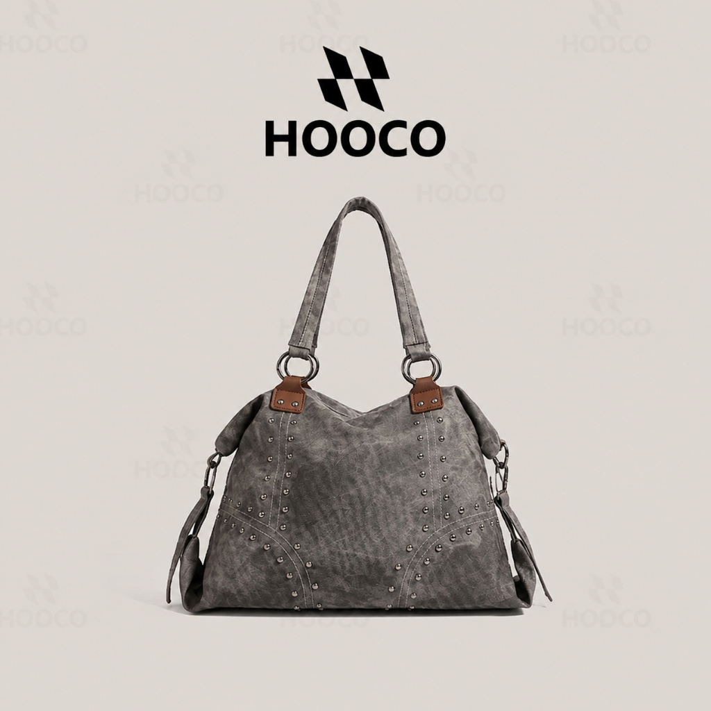 HOOCO حقيبة توت نسائية كبيرة بتصميم مسامير — صورة 7