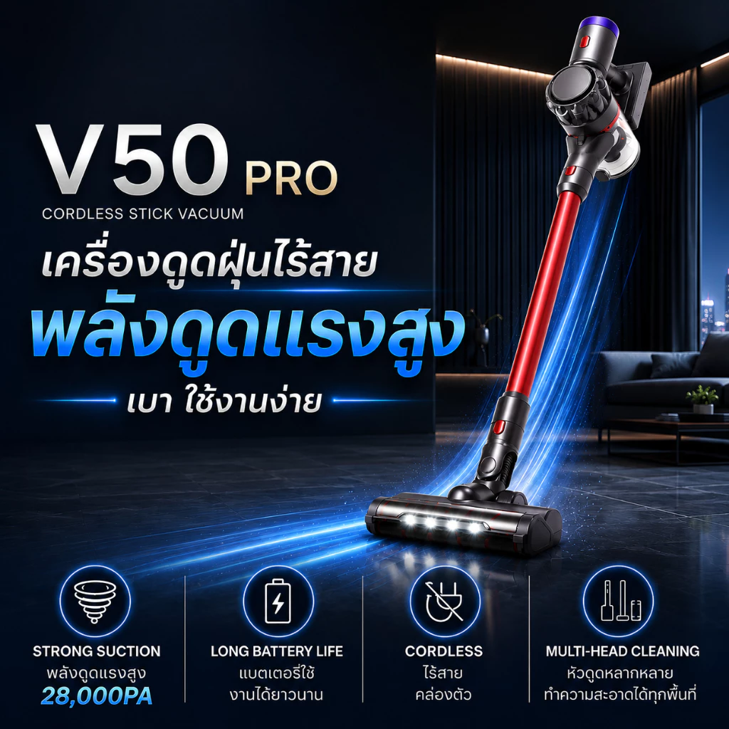 V50 เครื่องดูดฝุ่นไร้สาย 28000Pa ดูดแรง 2IN1 เครื่องดูดฝุ่นมือถือ แบตอึด กรอง HEPA น้ำหนักเบา ใช้ได้ทั้งบ้าน รถยนต์ ขนสั
