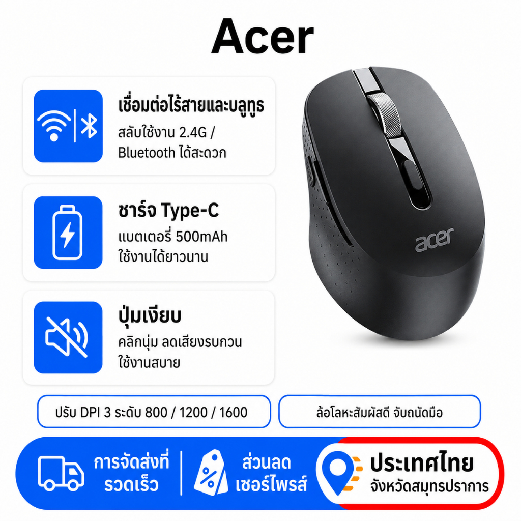 Acer M155 เมาส์บลูทูธไร้สาย Dual Mode ชาร์จ Type-C พกพาง่าย ออกแบบสรีรศาสตร์ ใช้ทำงาน Office สีดำ