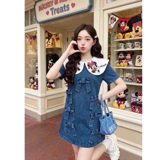 (มีถึง3XL) ยีนส์ Total Denim Dress เดรสทรงปล่อยผ้ายีนส์ ดีเทลโบว์ด้านหน้า ปกกะลาสีงานปักการ์ตูน แขนสั้น ซิปหลัง