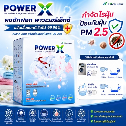 ผงซักฟอก ยับยั้งเชื้อโรค แบคทีเรีย ไวรัส 99.99% ป้องกันไรฝุ่น ฝุ่น PM2.5 Nano silver & Mykon cold wa