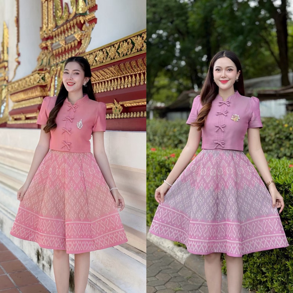 ชุดเดรสผ้าทอมัดหมี่ลายเเต่งคอจีนติดโบเล็กด้านหน้าสวยมาก