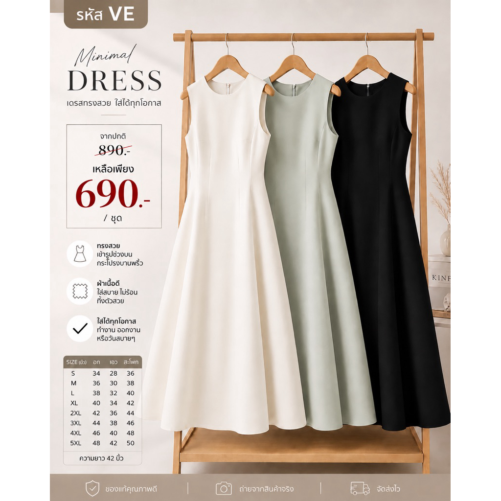 VE Dress เดรสผ้าลูน่า เดรสออกงาน เดรสทำงาน พร้อมส่ง