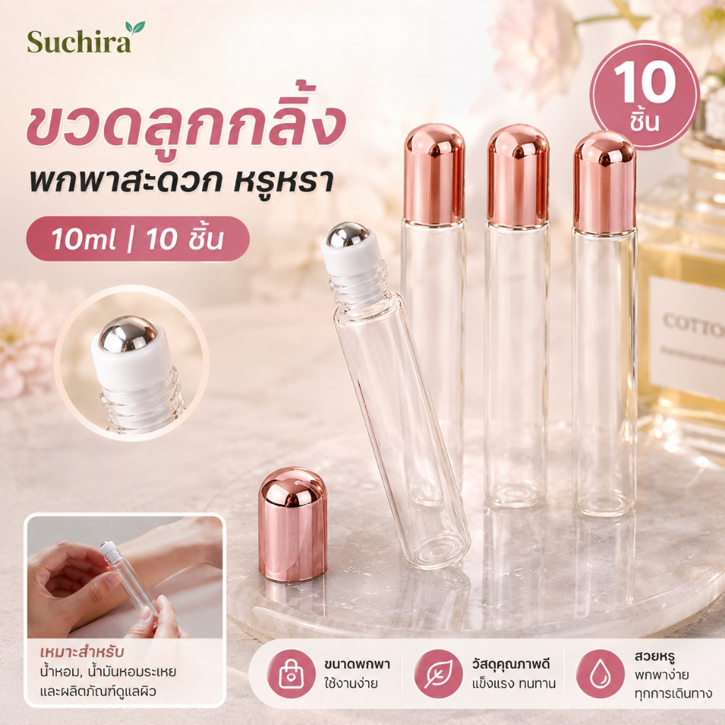 ขวดลูกกลิ้ง 10ml ขวดน้ำมันหอมระเหย 10 ชิ้น แบบพกพา ขวดพิมเสน ยาหม่องน้ำ ขวดแบ่งน้ำหอม หัวลูกกลิ้งกลิ้งทาได้