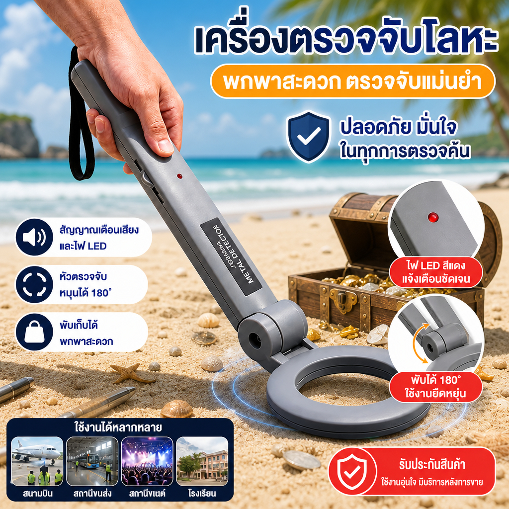 [พร้อมส่ง] เครื่องตรวจจับโลหะ 360° พับได้ พกพาสะดวก ความไวสูง แจ้งเตือนเสียง-สั่น