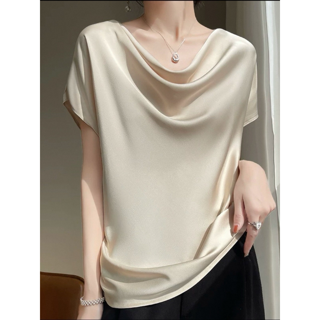 เสื้อแขนสั้นขอทวงผ้าซาตินเรียบง่ายสําหรับผู้หญิงเสื้อตัวในแขนสั้นผ้าไหมฤดูร้อนไซส์ใหญ่เก๋หลวมหรูหรา สวยมากค่ะ
