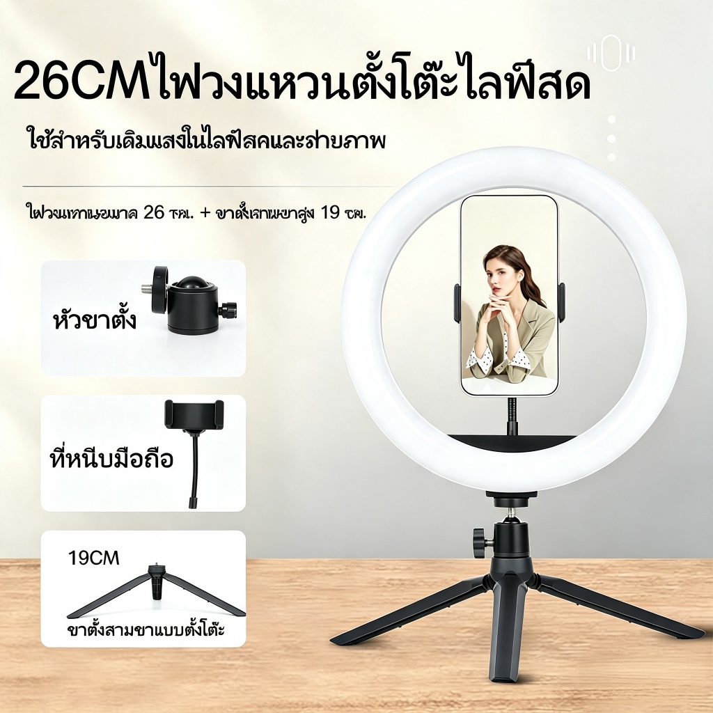 ชุดไฟไลฟ์สด LED RING LIGHT 26 cm 10นิ้ว ไฟวงแหวนเติมแสงรุ่นตั้งโต๊ะ มาพร้อมขาตั้งสามขาสูง 19 ซม. และที่หนีบชนิดแข็งแรงคร